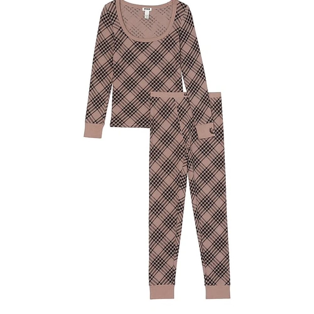 PINK Victoria's Secret Brown and Black Plaid Pajama Set